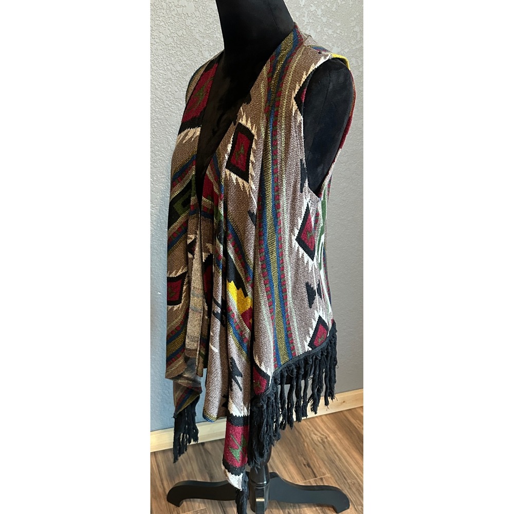 Le Lis Womens Southwestern Geometric Fringe Open Front M Vest Hippie Boho - Picture 7 of 13